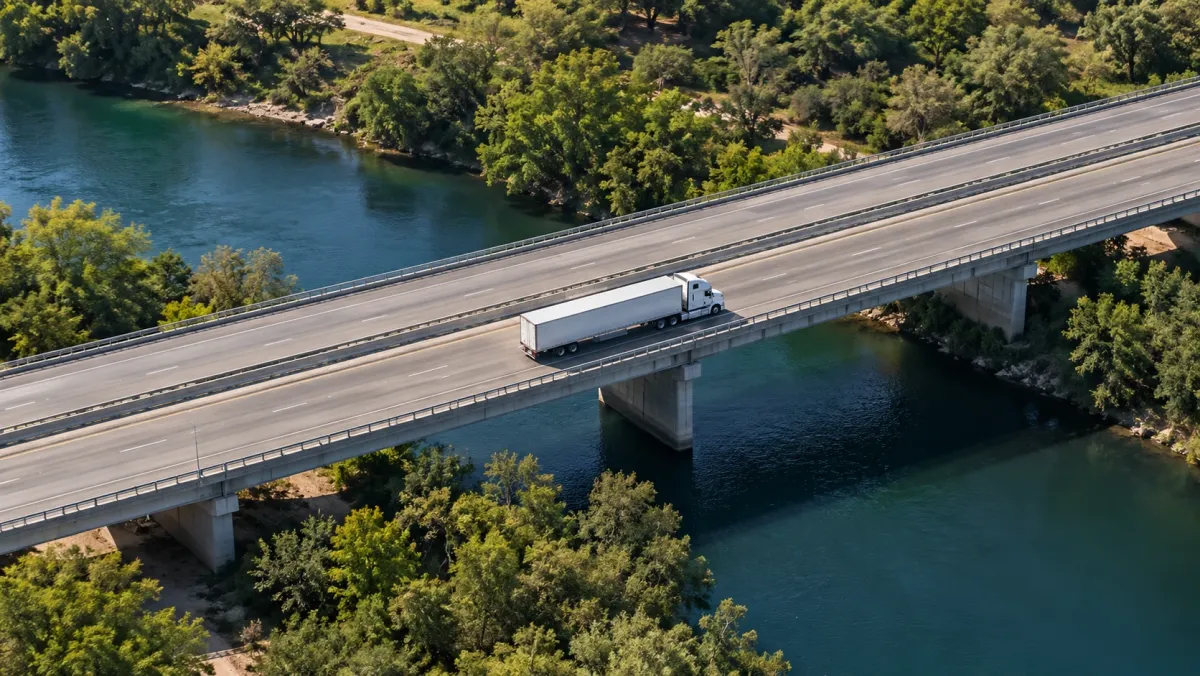 Semi truck crossing a highway bridge over a river